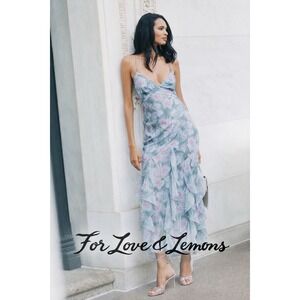 For Love & Lemons Blue Floral Ruffle Maxi Dress XL New